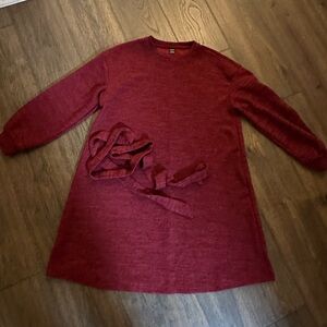 Burgundy Sweater Dress with Waist Tie - Size Large